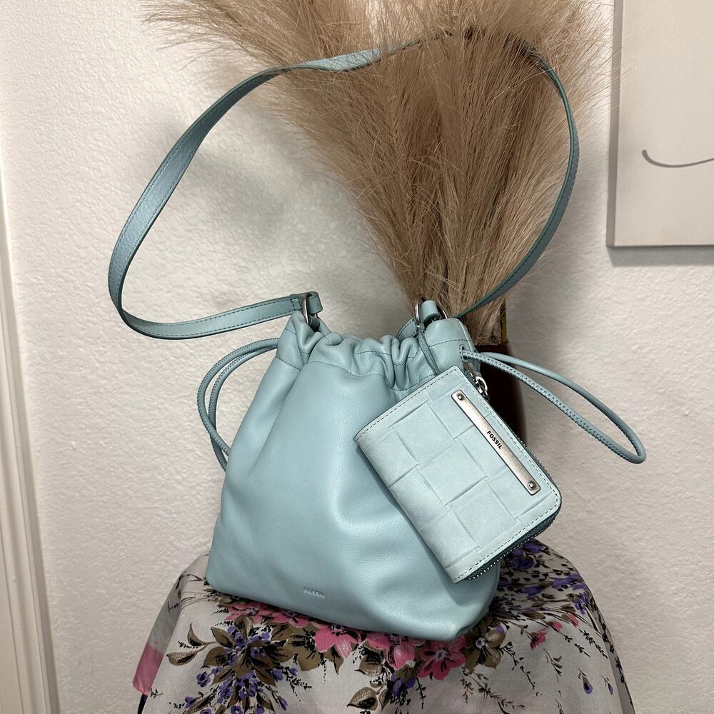 Fossil Blue Leather Gigi Drawstring Crossbody and Matching Wallet ZB1526